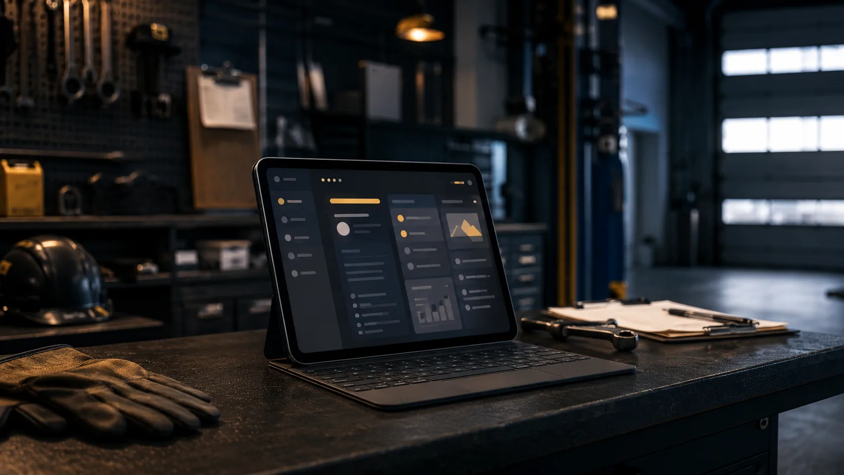 Visuel conceptuel de services terrain avec interface web abstraite.